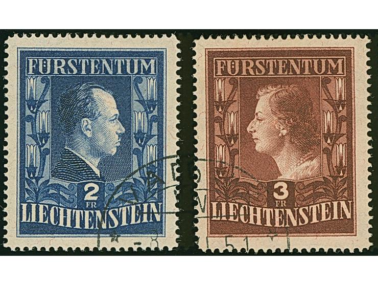 1951, Fürstenpaar kompletter Satz von zwei Werten, gez. 14¾, sauber gestempelt, tadellos. 3 Fr mit Fotoattest Liniger AIEP (1