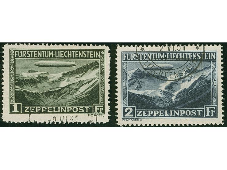 1931, LZ127 Zeppelin 1 Fr und  2 Fr je mit seltenem schwarzem Tagesstempel entwertet. Fotoattest Rupp (1986)
