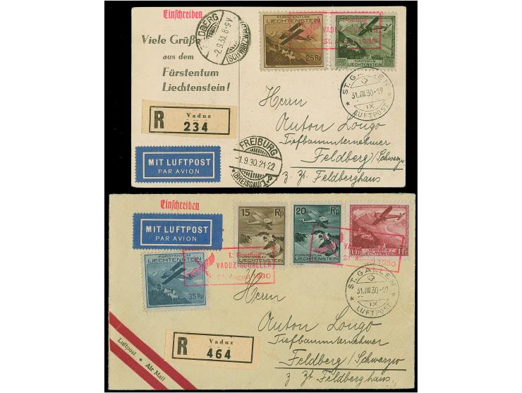 1930, kompletter Flugpost-Satz auf Luftpost-R-Brief und R-Karte mit rotem Rahmen-Sonderstempel 1. Postflug Vaduz - St. Gallen