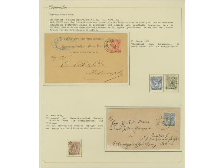 1889, FILIPPOPEL cds. on postcard and envelope used in the last weeks of the Austrian P.O. in Plovdiv. The P.O. was closed on