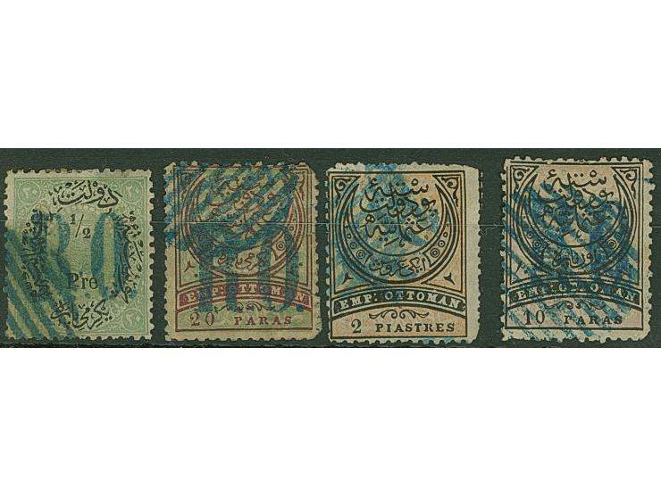 1881, 1 pre. on 20 pa. green to 2 pia., overprinted “R.O.” in blue, used set of three, additional 1881 10 pa. overprinted “R.