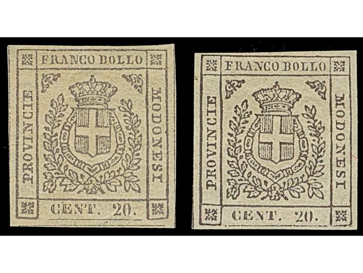 1859, Prov. Government two stamps 20 C. lilac and blue-violet, unused with large part original gum, both good margins, fine a