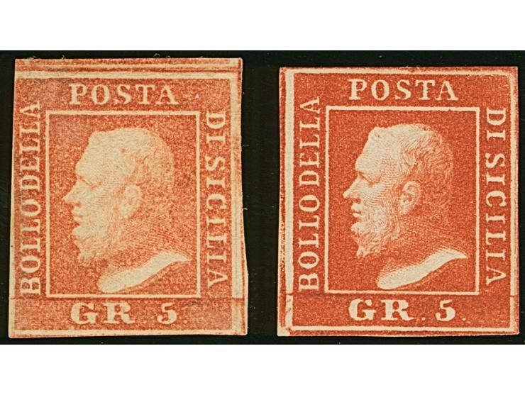 1859, 5 gr. vermilion, Plate I and II, two unused examples showing shades, full margins, fine. Signed Thier, Raybaudi and Sor
