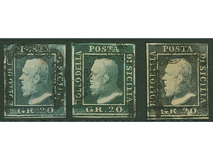 1859, 20 gr. grey-slate, all three colours grey-slate, grey-violet and black-slate used, good margins all round, fine trio. S
