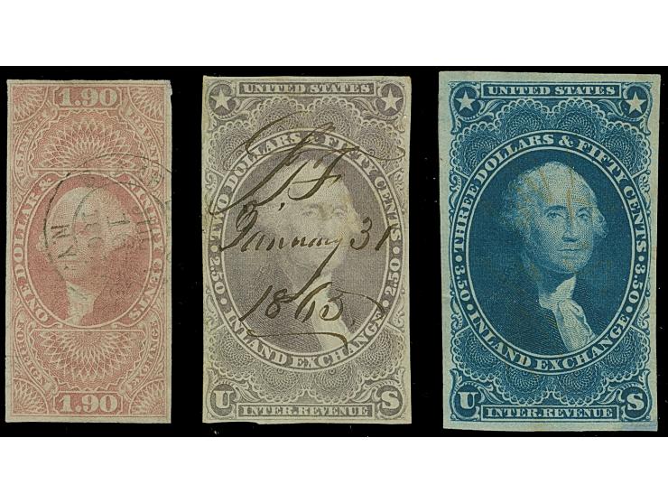 1863, Three perforated stamps Foreign Exchange, $1.90 additional $2.50 and $3.50, all with perforations trimmed away!, closed