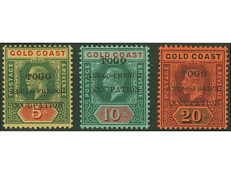 1915, Gold Coast KGV definitives 5 sh. to 20 sh. with thin overprint ´TOGO / ANGLO-FRENCH / OCCUPATION´, unused, very fine (S