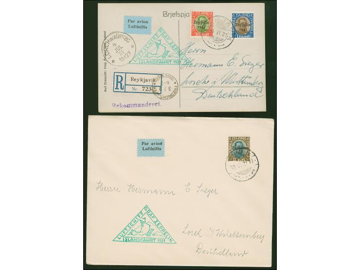 1931, Islandfahrt, Isländische Post, Karte mit 30 Aur. und 1 Kr. Zeppelin, sowie Brief mit 2 Kr. Zeppelin, je an Sieger/Lorch