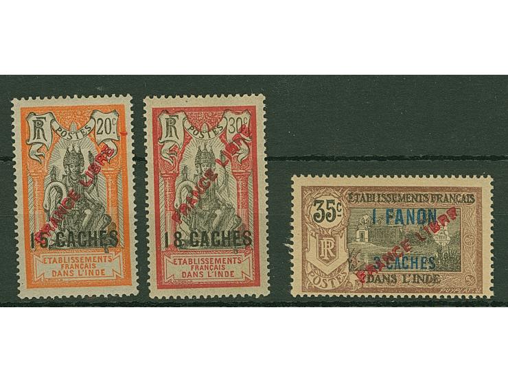 1941, France Libre three overprinted values 15 ca. on 20 c. unused, other two values mint never hinged, fine set. Certificate