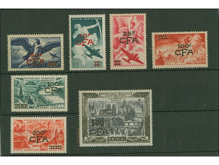 1949, Air Mail complete set allegory up to 500 CFA on 1000 fr. blueish black, unused, three stamps mint never hinged, very fi