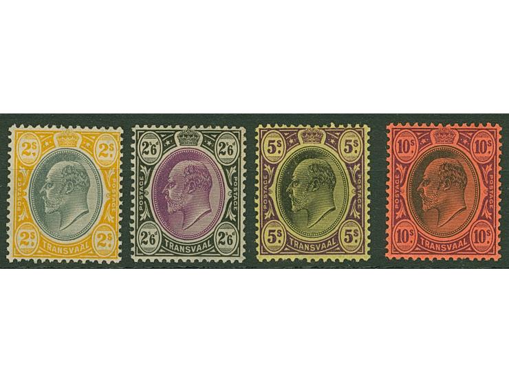 1904/09, King Edward VII set of four stamps 2 s. black and yellow to 10 s. black and purple on red, unused, fine. (S.G. £230)