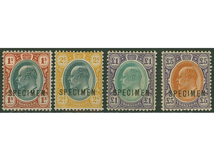 1903, King Edward VII set of four 1 s. to £5 orange-brown and violet, watermarked Crown CA, each overprinted SPECIMEN in blac