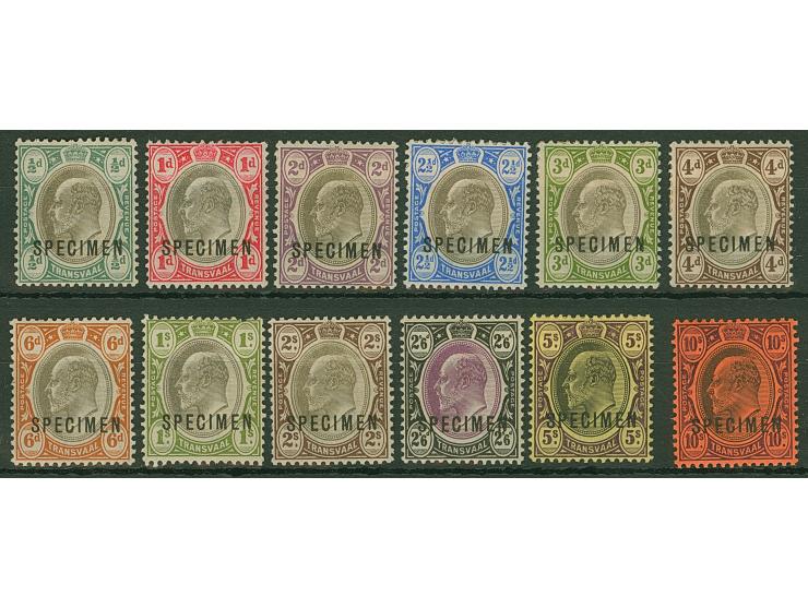 1903, King Edward VII set of 12, ½ d. to 10 s. black and purple on red, watermarked Crown CA, each overprinted SPECIMEN in bl