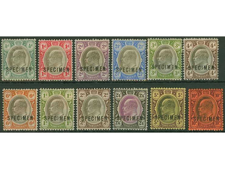 1903, King Edward VII set of 12, ½ d. to 10 s. black and purple on red, watermarked Crown CA, each overprinted SPECIMEN in bl