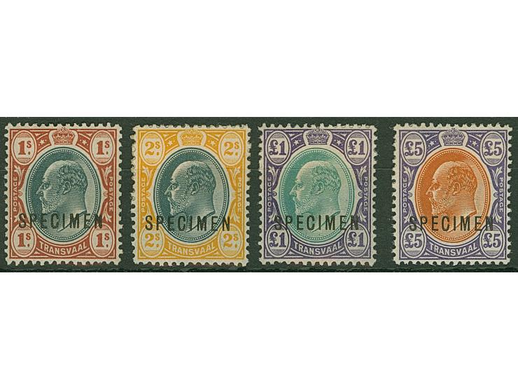 1903, King Edward VII set of four 1 s. to £5 orange-brown and violet, watermarked Crown CA, each overprinted SPECIMEN in blac