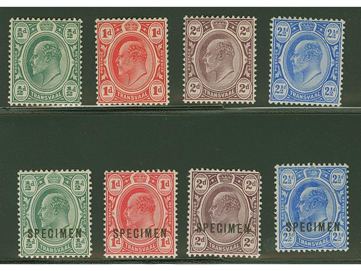 1905/09, King Edward VII set of four ½ d. to 2½ d., watermarked Crown CA, additional set each overprinted SPECIMEN in black, 
