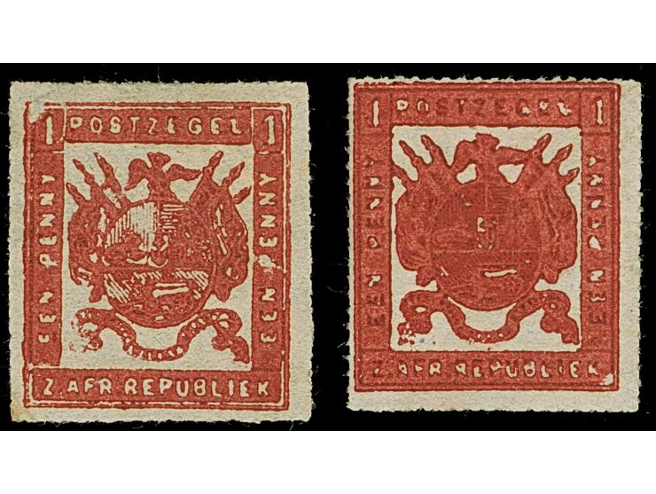 1870, Typographed by M.J. Viljoen at Pretoria. Deliveries of 4 July. 1 d. crimson, two stamps medium and thick paper, fine ro