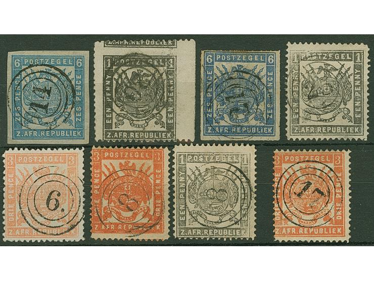 1870/83, Eight stamps imperf, rouletted and perf. showing clear numeral cancellations 6, 8, 14, 17, 20, 21 and 25, all fine a
