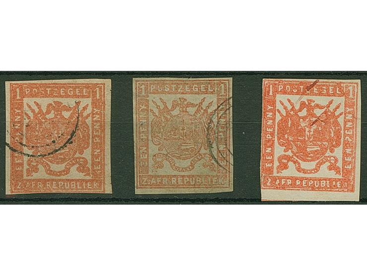 1870 , Typographed by Cellier in Pretoria, three imperf stamps 1 d. orange-red, dull red and bright red, good margins, coarse