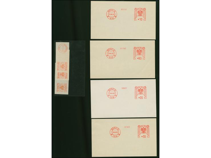 1926/33, meter mark proof strikes, 2 different designs of Warzaw (5,10 and 20 h.) on small pieces and Bedzin (5,10,30 and 60 