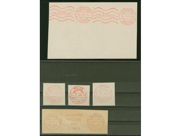 1926/28, “postage paid ” proof strikes in different designs of Haifa, Jerusalem and Jaffa, 5 pieces
