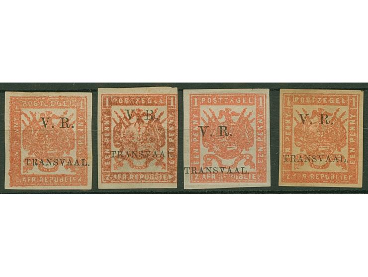 1877, "V.R. / Transvaal" Celliers 1 d. bright red on stout hard surfaced and soft paper, four stamps imperforate, optd. Type 