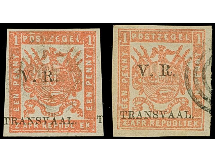 1877, "V.R. / Transvaal" Celliers 1 d. bright red on stout hard surfaced and soft paper, two stamps imperforate, optd. Type 4