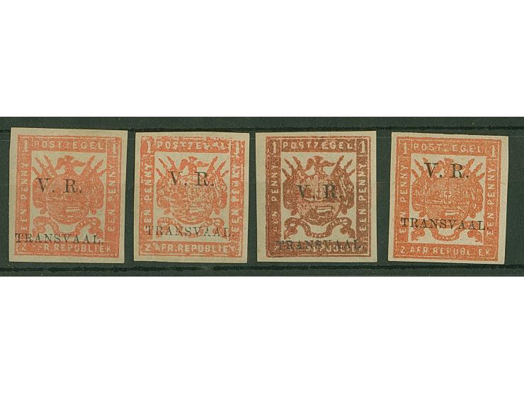 1877, "V.R. / Transvaal" Celliers 1 d. bright red on stout hard surfaced and soft paper, four stamps imperforate showing colo