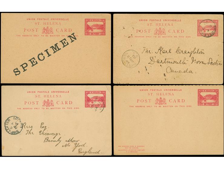 1896/97, Four Postal Stationery cards St. Helena 1 d. red on buff, a complete unused answering card, single unused overprinte