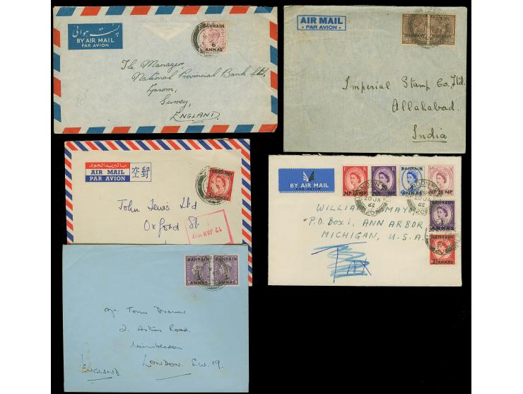 1937/62, five air mail covers and air letter, all with BAHRAIN overprints, to India, USA and England, some different.
