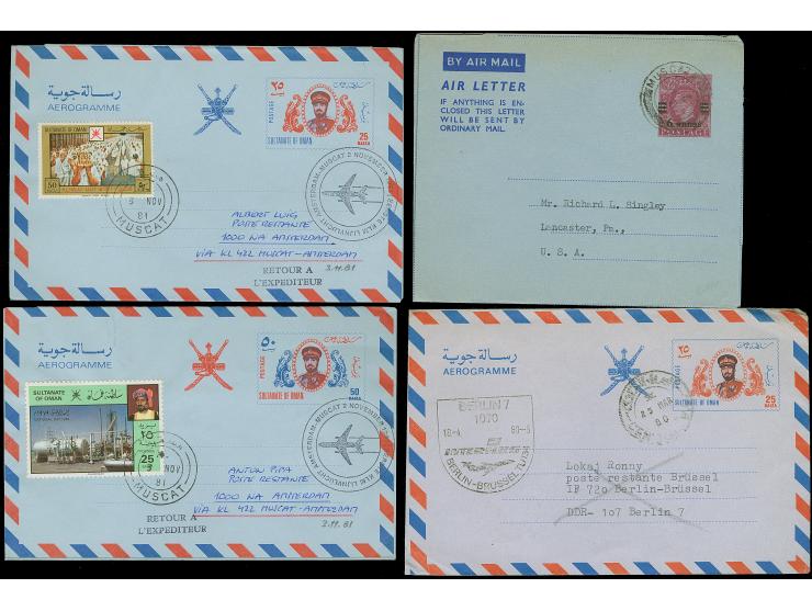 1952/81, Four postal stationery aerogramme used, including 6 a. on 6 d. lilac, overprinted issue used, First Flights Berlin a