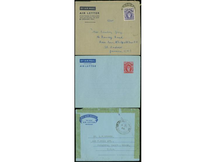 1954/64, Three postal stationery aerogramme, one used uprated with stamp 50 c. violet to Jamaica, one 20 c. carmine on dull b
