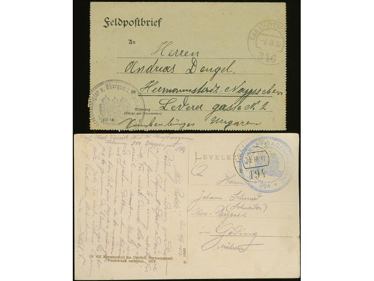 1917, Zwei Karten mit Stempel Feldpostamt194 (30.3.17) bzw. 346 (5.2.17) von Rumänien nach Mähren und Ungarn, dabei blauer K.
