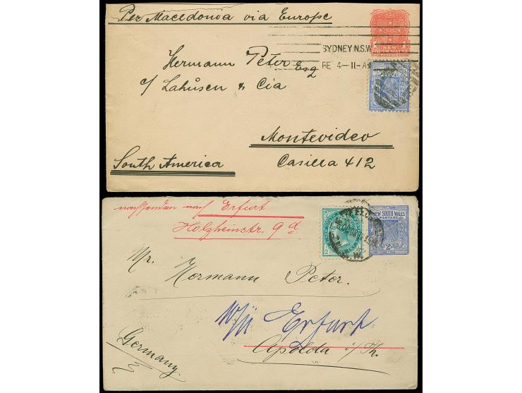 1908, Two postal stationery envelopes 1 d. red and 2 d. ultramarine used uprated to Germany and Uruguay, fine corrosponding p