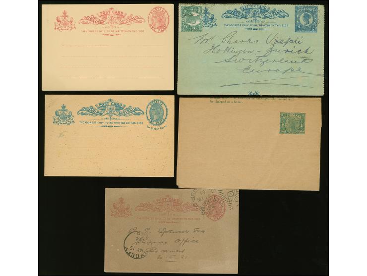1894/96, Two used and three unused postal stationerys, including uprated letter card 2 d. blue on greenish to Switzerland, mo