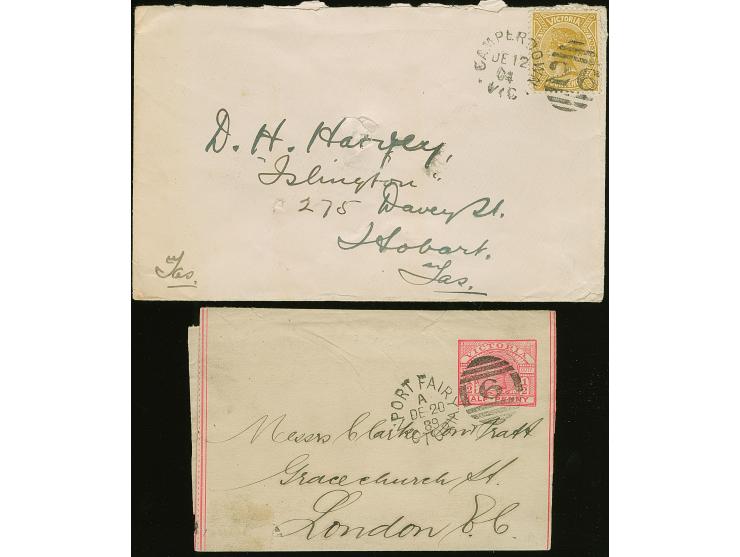 1889/1904, ½ d. rose stationery wrapper cancelled "6 - PORT FAIRY A DE/20/89 VICTORIA" to London and 4 d. bistre tied to cove