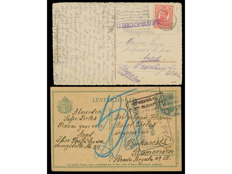 1915/18, Two postcards from Arad and to Arad with several german, austrian and hungarian censor marks, one card with postage 
