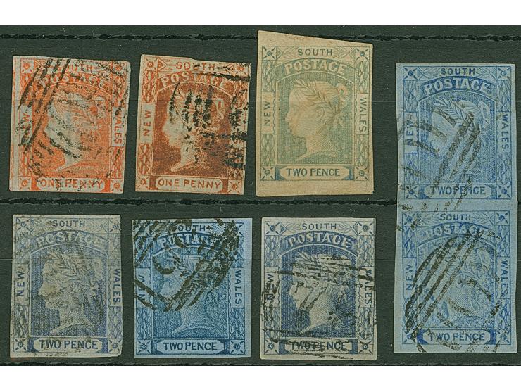 1851/52, LAUREATES study lot with two used 1 d. and four used 2 d. plus one vertical pair, nice variety of shades including d