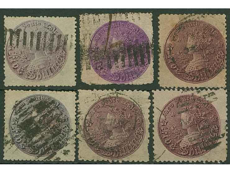 1861/88, Corbould 5 s., wmk. "5/-", six stamps of variable centering in shades of dull violet, deep rose-lilac and in deep pu