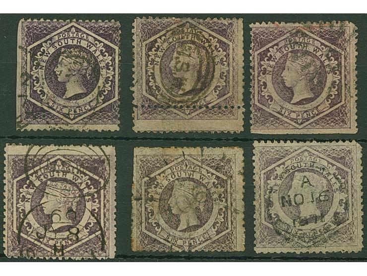 1861/88, Corbould 6 d., wmk. "6", six stamps of variable centering in shades of deep slate, showing different perfs., one dou