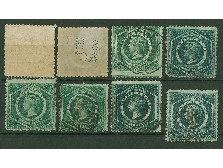 1861/88, Corbould 5 d., inverted wmk. “Crown NSW” (40) and “WA”, eight stamps of variable centering in shades of green and ye