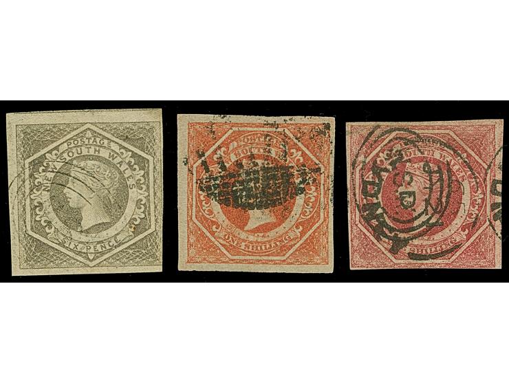 1854/59, Corbould 6 d. grey and 1 sh. rosy-vermilion and pale red, three imperf stamps with closed to good margins, good canc