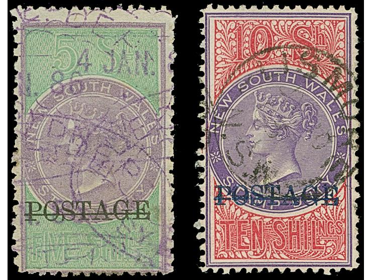 1886, Stamp Duty 5 s. lilac &amp; green overprinted POSTAGE in black, perf. 12 x 10 fiscal cancel SYDNEY 4.JAN.86 and 10 s. m