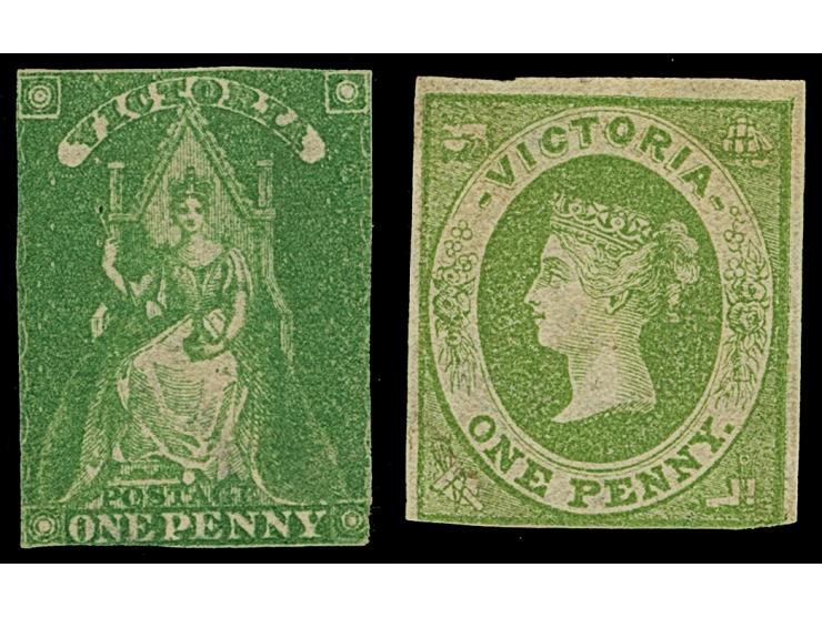 1856, 'Queen on Throne' Recess by Perkins Bacon 1 d. yellow-green, wmk. Star, both values unused no gum, closed to touched ma