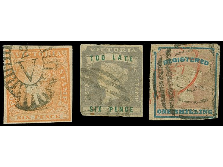 1854, Typographed from Woodblocks by Samuel Calvert, 6 d., Too Late and Registered three clear cancelled stamps, mostly ample