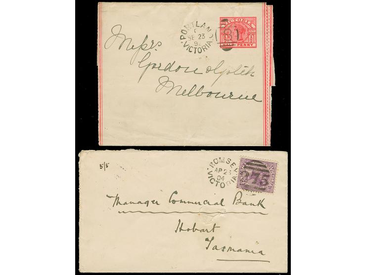 1892/1904, ½ d. rose postal stationery wrapper cancelled PORTLAND VICTORIA SE/23/92 “8” and 2 d. violet tied to envelope by R