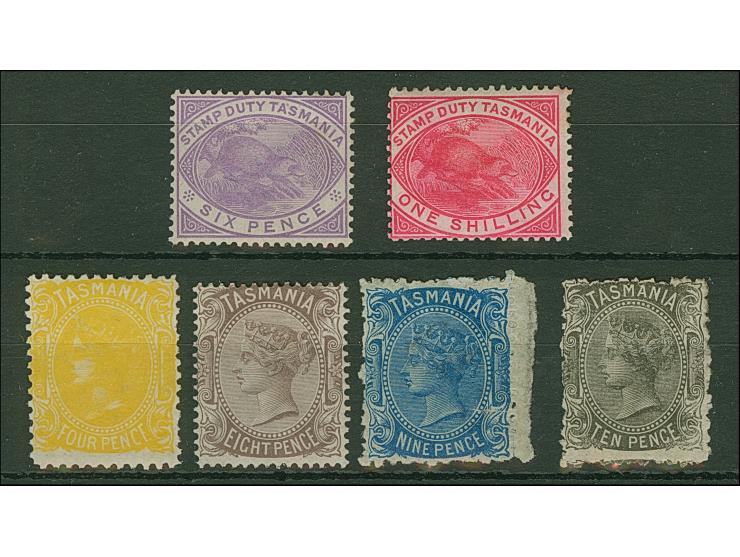 1880, 1 s. rose-pink, wmk. TAS sideways, perf. 14, unused og., 6 d. mauve unused no gum, plus four unused stamps, mostly fine