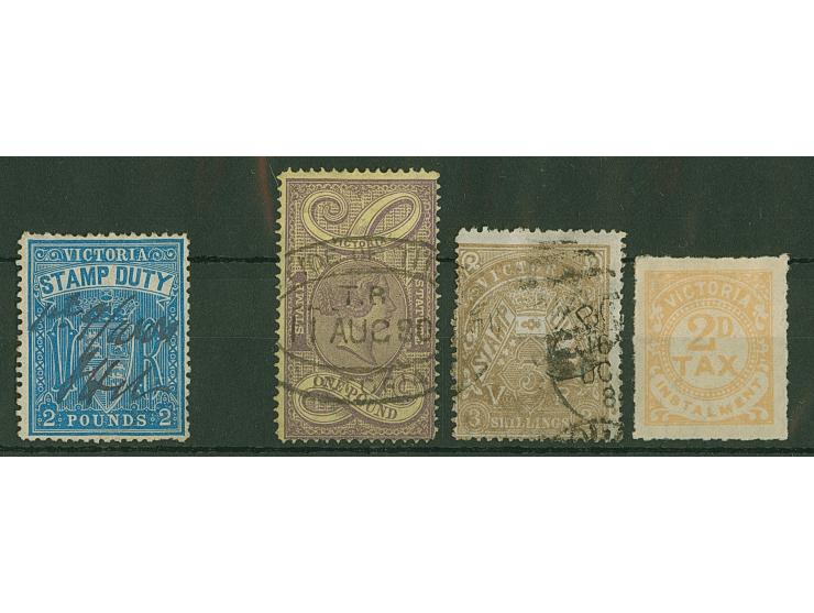 1880/90, Stamp Duty £2 blue, ms. cancel, plus 3 sh. drab, statute revenue £1 brown cancelled and 2 d. tax stamp unused, fine.
