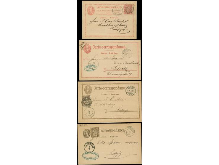 1874/76, Ganzsachenkarte 5 C rosa mit rs. Zudruck, 10 C rosa und zwei Karten 5 C braun je mit Zusatzfrankatur Sitzende Helvet