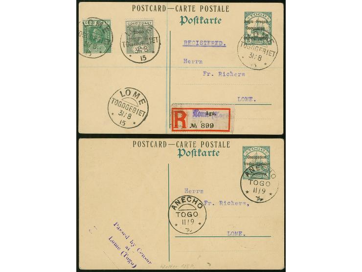 1915, Ganzsachenpostkarte One Halfpeny a. 5 Pfg., sauber gestempelt "LOME TOGOGEBIET 31/8 15", als R-Karte mit Zusatzfrankatu