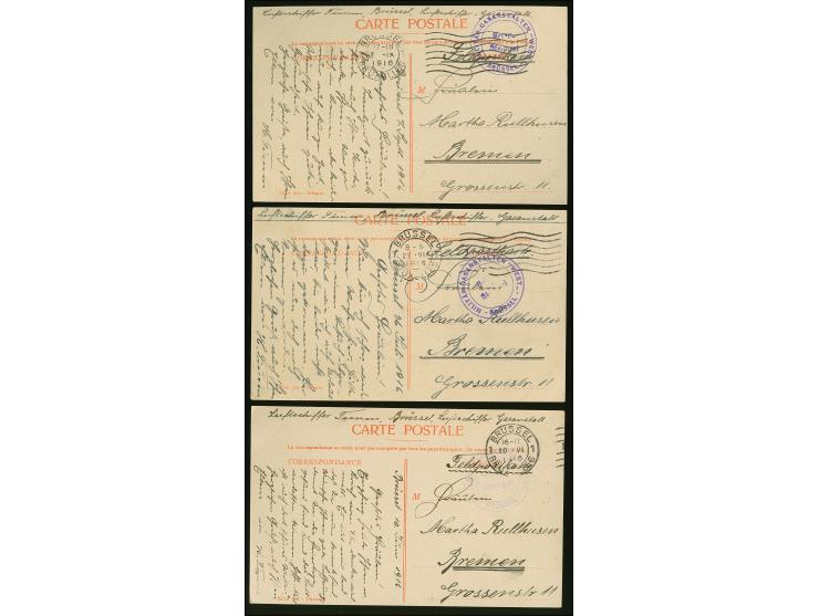 1916, Drei Feldpostkarten eines Luftschiffers mit violettem "MILITÄR GASANSTALTEN ‘WEST’ BRÜSSEL BS" nach Bremen, interessant